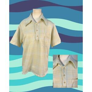 Vintage 70s Tan Blue Check Wing Collar Button Up Patch Pocket Polo Shirt Size L